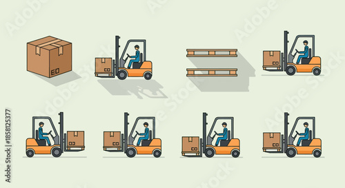 Vector illustrations of forklift trucks workers and boxes for logistics and warehouse operations.