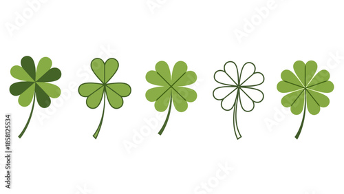 A collection of five green clover leaf illustrations, some with four leaves and one with three, on a white background.