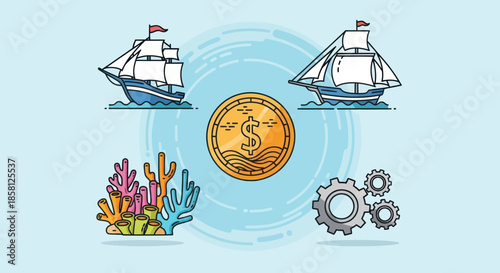 Golden Dollar Coin with Ships Coral and Gears Illustration.
