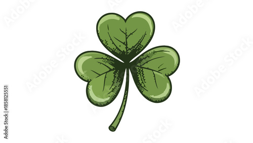 A detailed illustration of a vibrant green shamrock with three heart-shaped leaves and a stem, set against a white background.