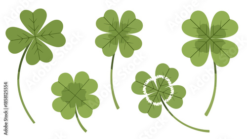 A collection of various green four-leaf clovers on white background.