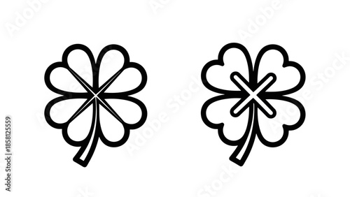 Two detailed black and white illustrations of four-leaf clovers with different cross designs.