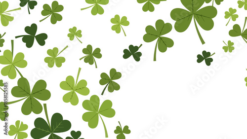 A scattering of green shamrocks on a white background, suggesting luck and St. Patrick's Day.
