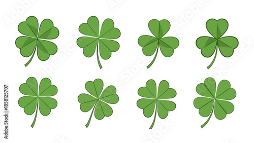 A collection of eight green clover leaves, some with four leaflets and some with three, on a white background.