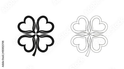A stylized four-leaf clover design, presented in both a solid black silhouette and an outline version, symbolizing luck and nature.
