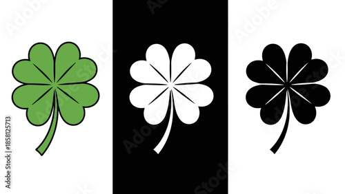 Three stylized four-leaf clovers are displayed in a row against a white and black background.