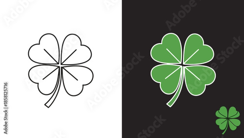 A graphic representation of a four-leaf clover, shown in both outline and filled green versions, symbolizing luck.