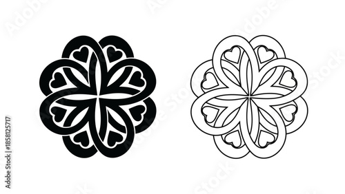 A black and white illustration of a Celtic knot pattern resembling a flower with heart-shaped petals.