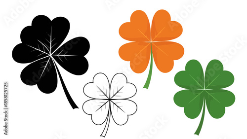 Four leaf clover illustrations in black, white outline, orange, and green colors.