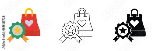 Icon representing premium shopping, featuring a heart-decorated bag and a star quality award badge, symbolizing customer loyalty and excellent retail service