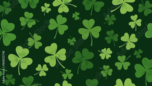 St. Patrick's Day background with green shamrocks on a dark green background.