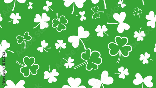 A vibrant green background adorned with a repeating pattern of white shamrocks and clover leaves, evoking a festive St. Patrick's Day theme.