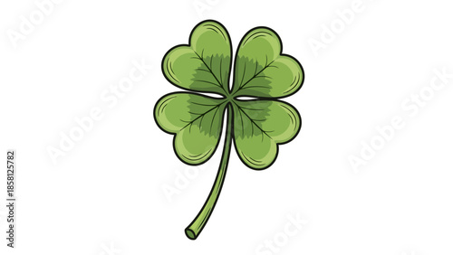 A detailed illustration of a vibrant green four-leaf clover with a stem, set against a plain white background.