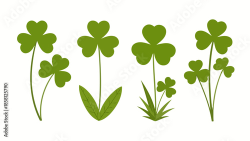 Illustration of four green shamrocks, each with three heart-shaped leaves, representing luck and St. Patrick's Day.