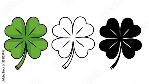 Three four-leaf clovers: green, outline, and black silhouette, symbolizing luck and St. Patrick's Day.