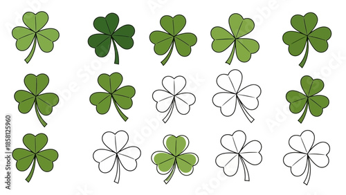 A collection of shamrocks, some colored green and some outlined in black and white, arranged in a grid.