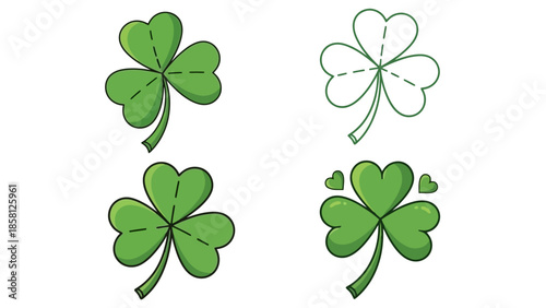 Four stylized illustrations of green shamrocks, representing luck and St. Patrick's Day.