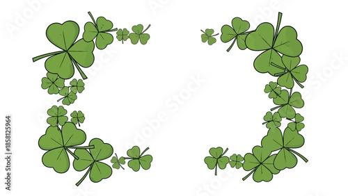 Two decorative corner frames made of green shamrock leaves on a white background, symbolizing luck and St. Patrick's Day.