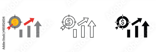 Strategic business growth vector icons depicting financial targets, upward progress, and successful market performance for investment and achievement concepts
