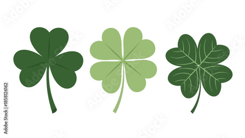 Three different types of green clover leaves, including a shamrock and two four-leaf clovers, isolated on a white background.