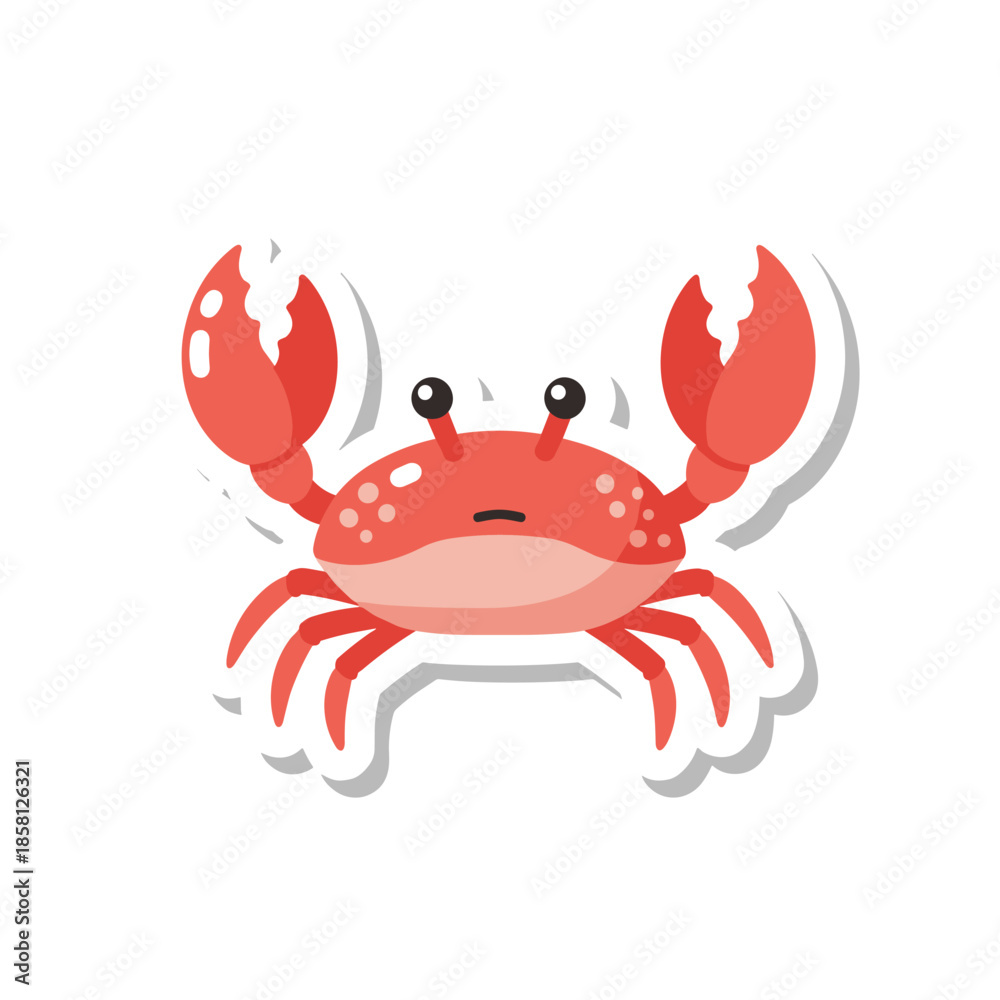 Fototapeta premium Cute Red Crab Sticker with Big Claws and Cartoon Eyes.