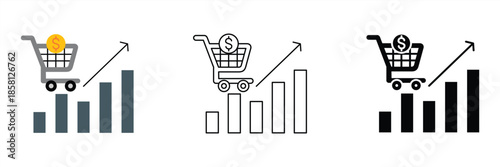 E-commerce sales growth icon set shopping cart on upward bar graph, symbolizing revenue increase and market performance