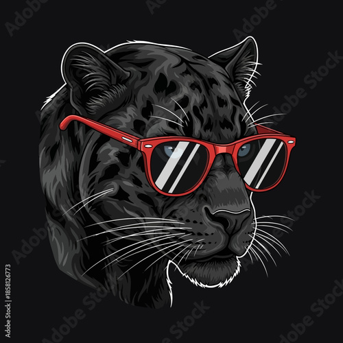 Black Leopard Wearing Red Sunglasses Closeup.