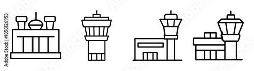 A collection of black line art icons depicting various airport control towers and terminal buildings