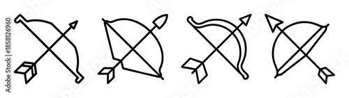 Collection of four simple minimalist line art illustrations of bow and arrow symbols