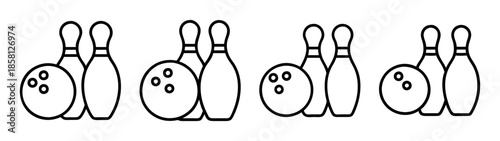 A collection of black outline icons showing a bowling ball and two pins, symbolizing the sport