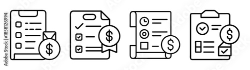 A collection of four line icons representing financial planning, expense tracking, and business task management