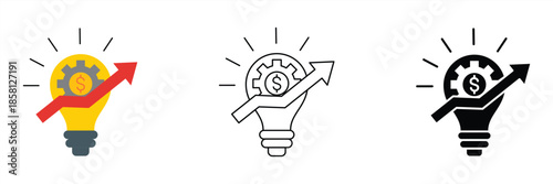 Icon set representing bright ideas, strategic processes, and business growth. Symbolizing innovation, financial profit, and economic success