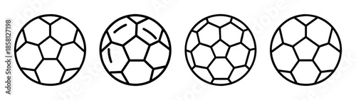 A collection of four black and white line art soccer ball icons arranged in a row