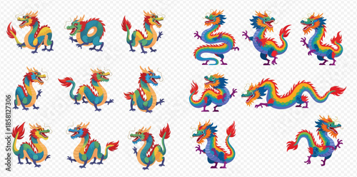 Set of colorful traditional Chinese dragons in various poses, mythical creatures for Asian holidays.