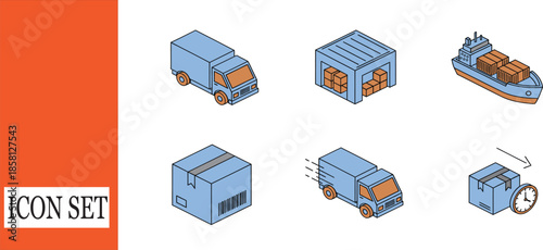 Isometric icons of transport and delivery services including trucks, cargo ship, and warehouse