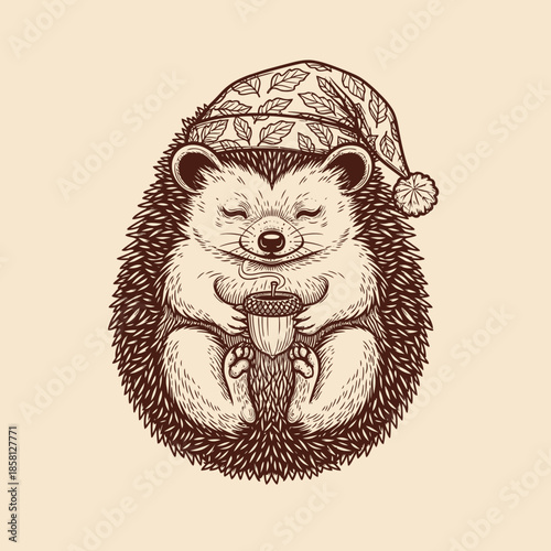 Hedgehog Wearing Santa Hat Hugging Cup.