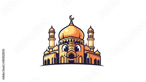 A charming cartoon mosque with a smiling face features golden domes and minarets.