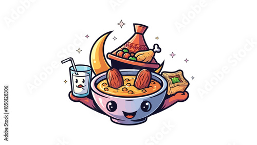 A cheerful bowl cartoon presenting traditional Ramadan foods and drink.