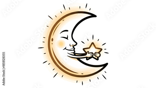 A whimsical crescent moon character with a gentle smile embraces a small, glowing star against a bright background.