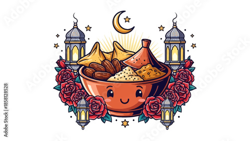A cute bowl filled with traditional Middle Eastern snacks is framed by lanterns and roses.