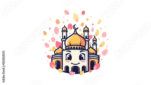 A charming and happy cartoon mosque character with an orange dome surrounded by floating petals.