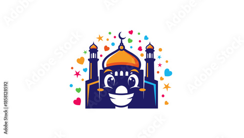 A joyful cartoon mosque character smiles broadly amidst a shower of hearts and stars.