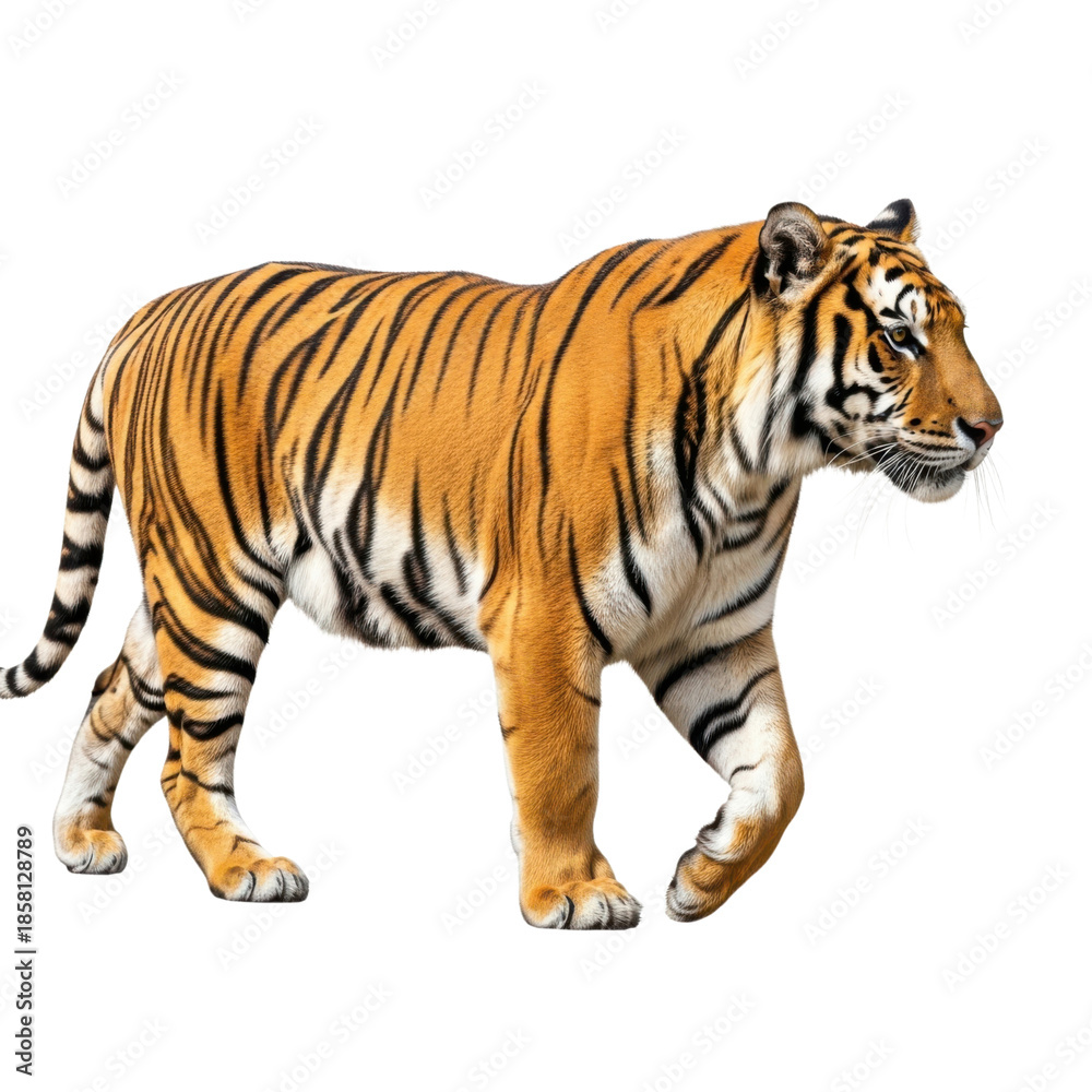 Fototapeta premium Stalking tiger in motion isolated on transparent background