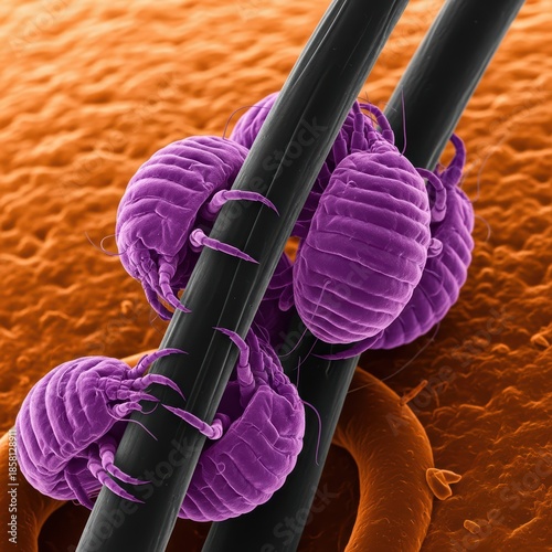 Group Of Face Mites Attached To Hair Fiber Under Ion-Abrasion Scanning Electron Micrograph Showing Clinical Morphology