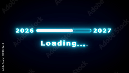 Billede på lærred Transitioning from 2026 to 2027 with a glowing blue neon loading bar and progres