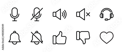 microphone volume headset bell like dislike heart outline icon set for web and app interface on white background
