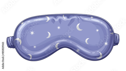 Cozy purple sleeping mask vector illustration with whimsical stars and moons pattern, isolated for restful relaxation and a deep night's rest.