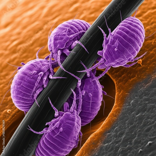 Microscopic View Of Eyelash Mites Clustered On Hair Follicle Via Ion-Abrasion Scanning Electron Microscopy For Dermatology Research
