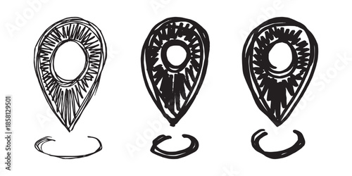 Set of hand drawn map pin Map marker pointer sign GPS and mapping tools Location pin symbol Pinpoint clipart in doodle style Single element for web, design