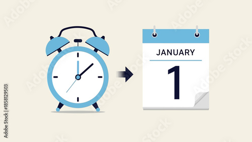 Conceptual illustration of an alarm clock transitioning to a January 1 calendar, symbolizing fresh starts, new year planning, goal setting, and the excitement of future endeavors